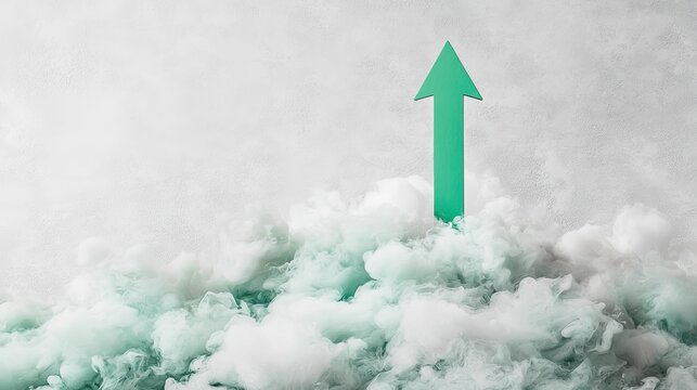 Green Arrow Rising Through Beautiful Abstract Clouds on a Soft Gray Background