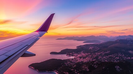 Breathtaking Sunset Over Coastal Town from Airplane Window with Colorful Sky and Calm Waters