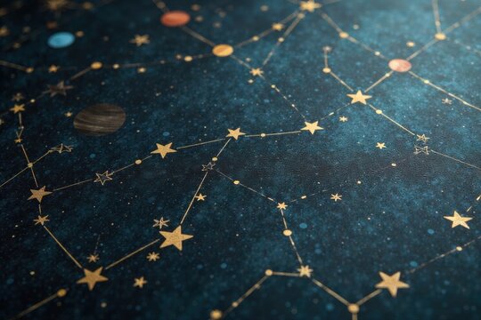 Close up of a worn blackboard with intricate chalk sketches of constellations and planets. A close up view of a heavily textured, aged blackboard covered in detailed and intricate chalk sketches of