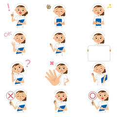 看護婦のホワイトボード、ひらめき、案内、悩む、正解、不正解、頑張る、説明の上半身ポーズ