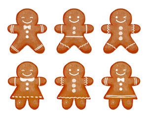 水彩風ジンジャーブレッドクッキーのイラストセット	