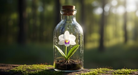 A delicate white orchid with a purple center is growing inside a glass bottle filled with soil, set outdoors on a mossy surface with a blurred forest background