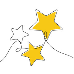 Continuous line drawing of yellow stars. Minimalist black linear sketch isolated on white background. Hand drawn vector illustration.