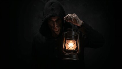 Mysterious Figure Holding Lantern in Dark Atmosphere