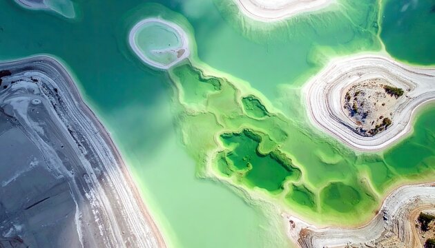 An abstract aerial view showcases the striking contrast between a bright turquoise lake and the surrounding arid, layered terrain with visible salt deposits.
