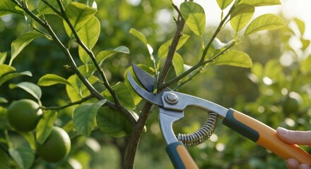 Pruning small tree branch with shears in sunlight, with citrus