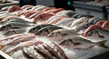 Fresh seafood display, various types, on ice, at a market