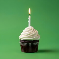 A single cupcake with white frosting and a lit birthday candle on top, set against a vibrant green background for celebration or special occasion themes