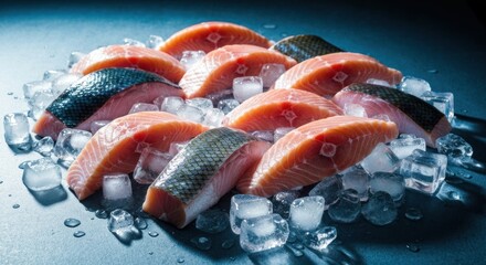 Fresh salmon fillets arranged on ice, displaying vibrant color