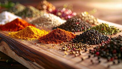 A vibrant collection of various spices and peppercorns are artfully arranged in distinct piles on a rustic wooden surface.
