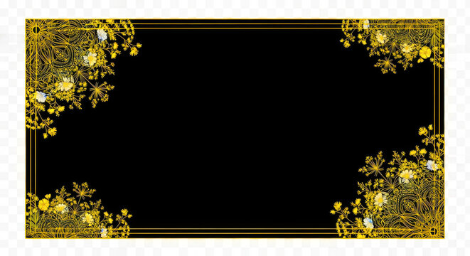 Elegant golden floral silhouette border on a deep black background with a minimalist frame