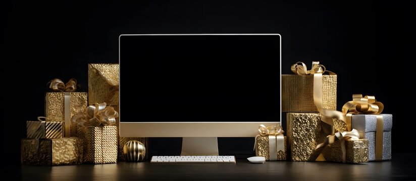 PC with blank screen for text among golden Christmas gifts