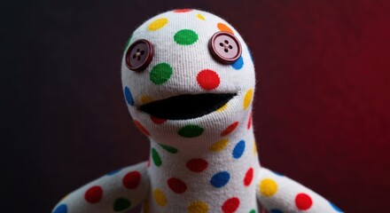 Sock puppet with button eyes and colorful polka dots on a dark background