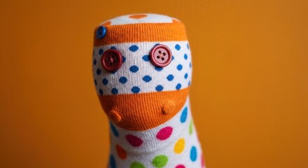A whimsical sock puppet with button eyes, on a bright orange background