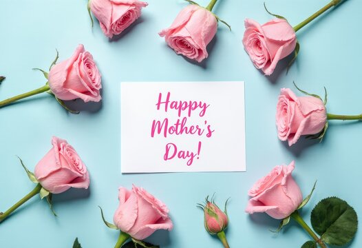 Pink roses with happy mother's day card on light blue background - Powered by Adobe