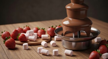 Chocolate fountain with fruit & marshmallows on a wooden surface