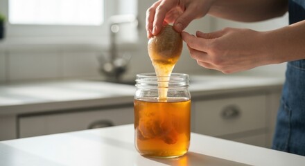 Hands carefully placing a gelatinous culture into a jar of liquid