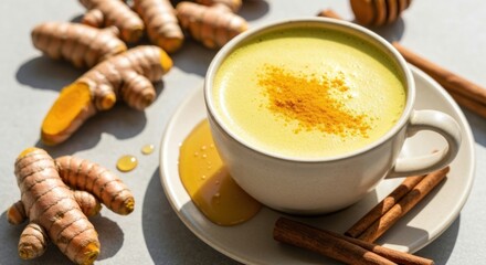 Turmeric latte with cinnamon sticks, honey, and fresh turmeric root