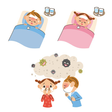 風邪をひいて、発熱や咳で寝込んでいる子供達