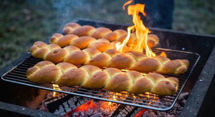 Braided bread grilling over flames in an outdoor fire pit