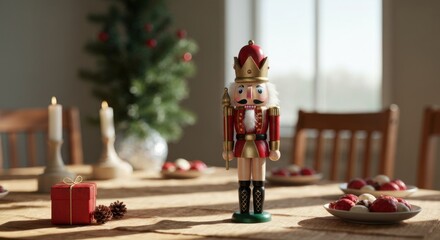 A festive holiday scene featuring a nutcracker at a dining table