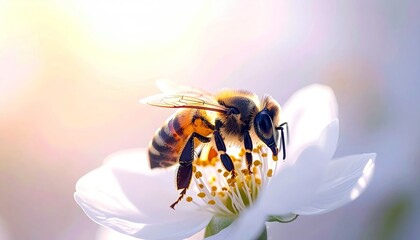 A honey bee is actively engaged in collecting nectar and pollen from the center of a white flower, showcasing intricate details of its body and wings.