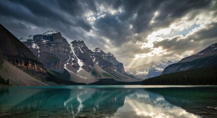 Majestic mountains frame a serene turquoise lake under a dramatic, cloudy sky