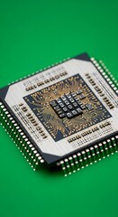 A close-up view of a modern computer microprocessor with intricate circuitry on a vibrant green background