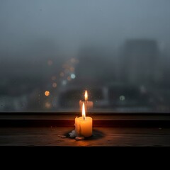 A single lit candle placed on a windowsill during a rainy day creates a calm and reflective atmosphere with blurred city lights in the background