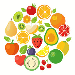 A vibrant, flat illustration of various fruits and berries, including oranges, kiwi, strawberries, and apples, artfully arranged in a circular pattern.