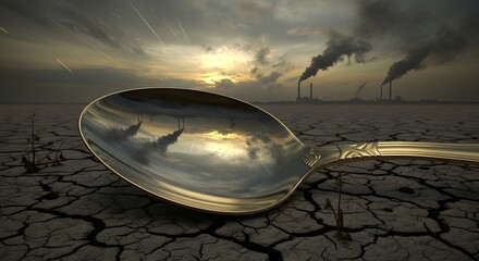 A reflective metal spoon lying on cracked dry earth with a polluted factory in the background under a cloudy sky