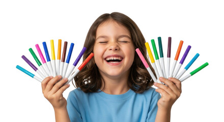 Young girl laughing with colorful markers transparent background cutout png