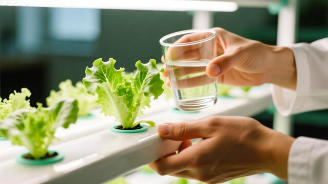Sustainable farming practices show a close up of lettuce being watered in a modern hydroponics system for innovative agriculture solutions