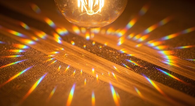 Close-up of a glowing incandescent light bulb casting colorful reflections and patterns on a textured surface in a warm ambient setting - Powered by Adobe
