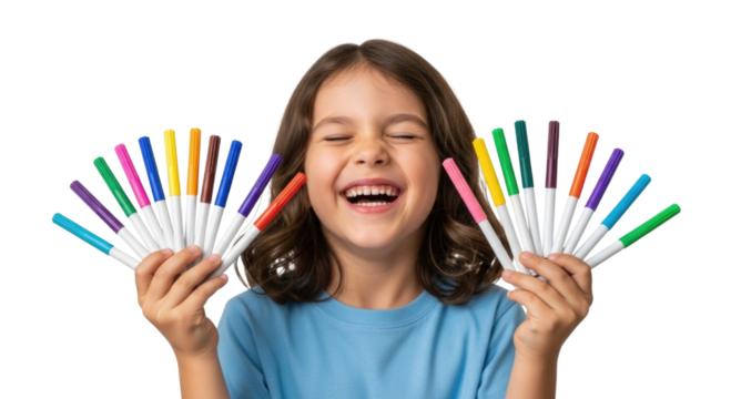 Young girl laughing with colorful markers transparent background cutout png