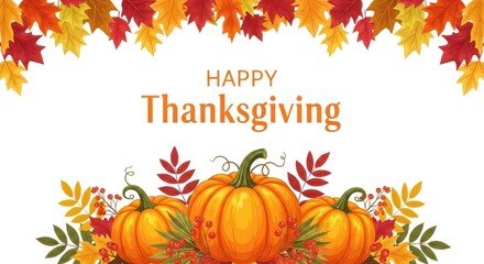 Happy thanksgiving greeting with pumpkins and colorful leaves isolated on white background
