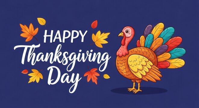 Happy thanksgiving day with turkey and autumn leaves on blue background