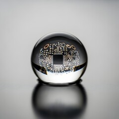 A clear glass sphere reflecting a detailed circuit board pattern with electronic components and pathways, set against a plain, light gray background
