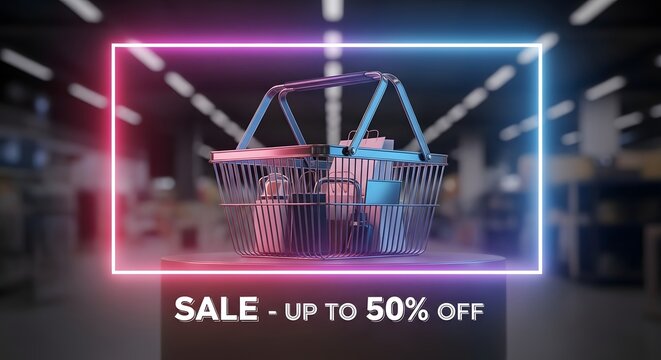 A shopping basket with electronic devices and accessories inside, illuminated by vibrant neon lights in a modern retail environment, promoting a sale with discounts up to 50% off