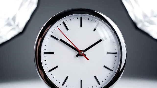 A close-up of a clock with a white face, black markers, and a red second hand. The clock has a metallic border