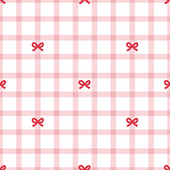 Cute ribbon plaid seamless pattern. Soft pastel check background with decorative bows for wrapping, textile and girly design.
