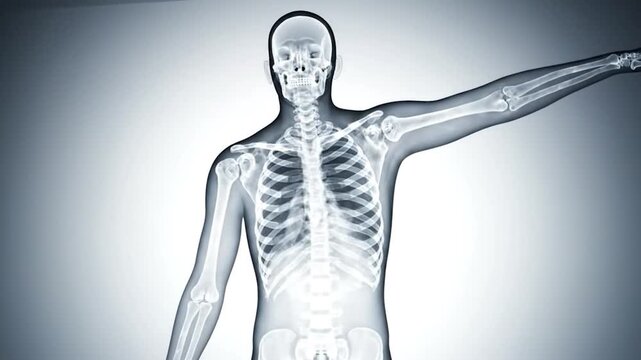 Human skeletal structure shown in radiographic imagery, arm outstretched