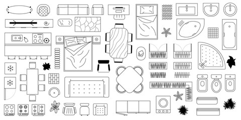 Minimalist interior icons with modern home objects. Furniture outline top view. CAD