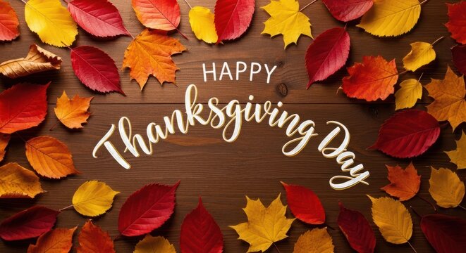 Happy thanksgiving day greeting card with colorful autumn leaves frame