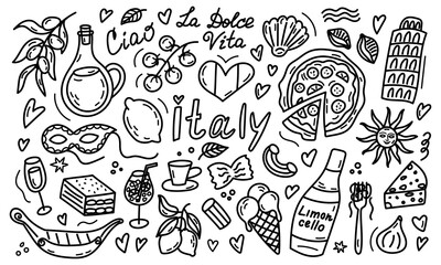Hand drawn Italy travel doodle set with iconic symbols