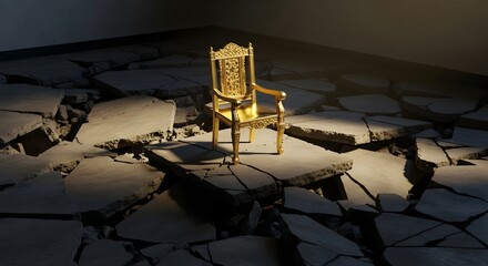 A solitary ornate golden throne sits atop broken and cracked tiles in a dimly lit, abandoned space, creating a striking contrast between luxury and decay