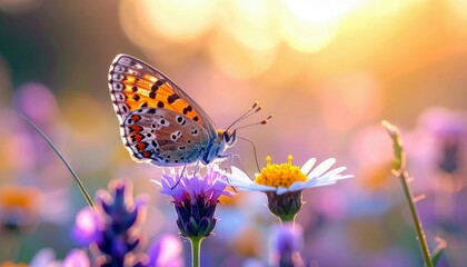 A butterfly with intricate orange and black patterns sits on a delicate purple flower, bathed in the warm glow of sunset.