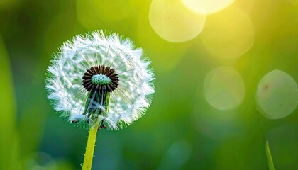 A detailed macro shot of a white dandelion seed head stands out against a blurred green background with warm yellow sun flares.