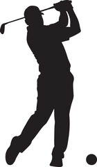 Obraz premium Black silhouette of a male golfer swinging a club at a golf ball black and white