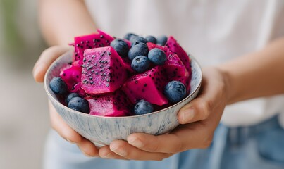 Close-up shot of a vibrant fruit bowl filled with bright magenta dragon fruit cubes and fresh blueberries, clean geometric cuts, glossy surfaces, rich natural colors, soft diffused lighting, minimal b